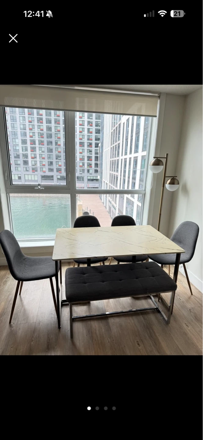 Dining set - 4 chairs, 1 bench, and a dining table.