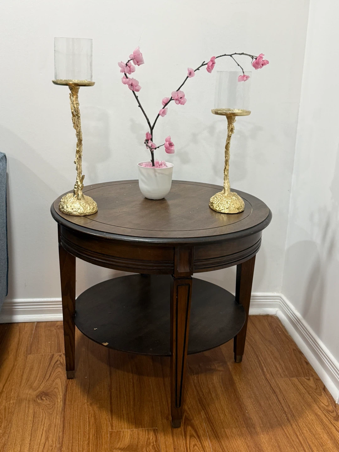 Wooden Accent Table with Decorative Candlesticks