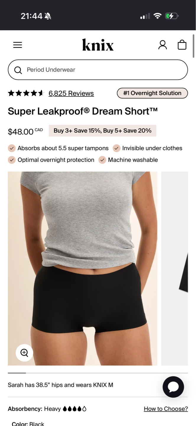 Knix Super Leakproof Dream Short - Black, Size M
