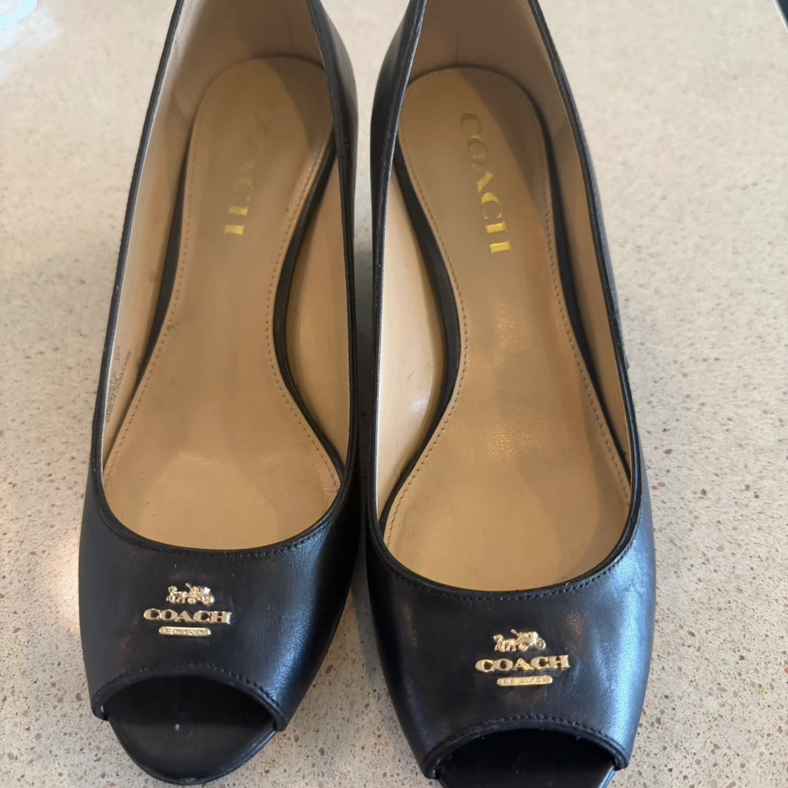 Coach Black Leather Peep-Toe Wedge Heels