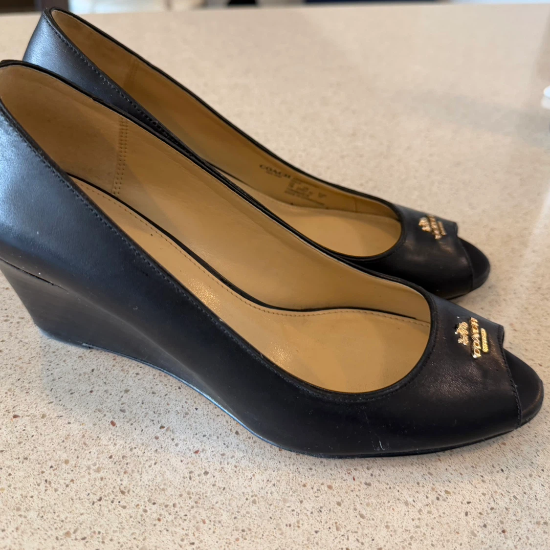 Coach Black Leather Peep-Toe Wedge Heels - photo 2