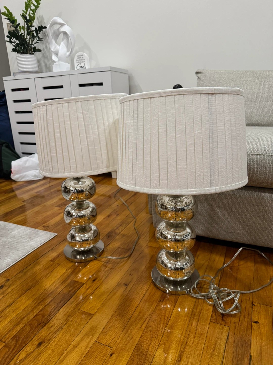 Pair of Silver Bubble Table Lamps with White Pleated Shades - photo 5