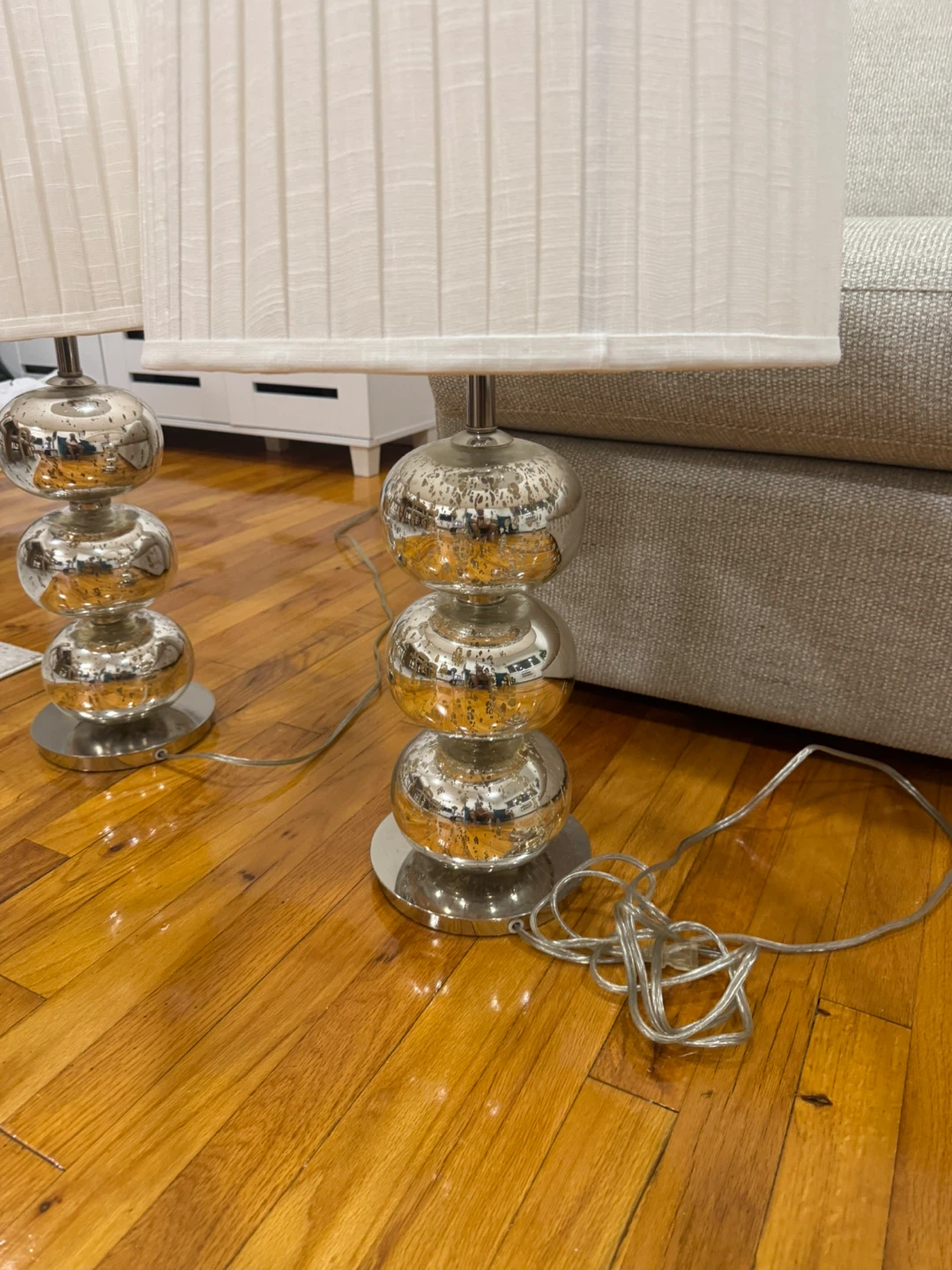 Pair of Silver Bubble Table Lamps with White Pleated Shades - photo 4