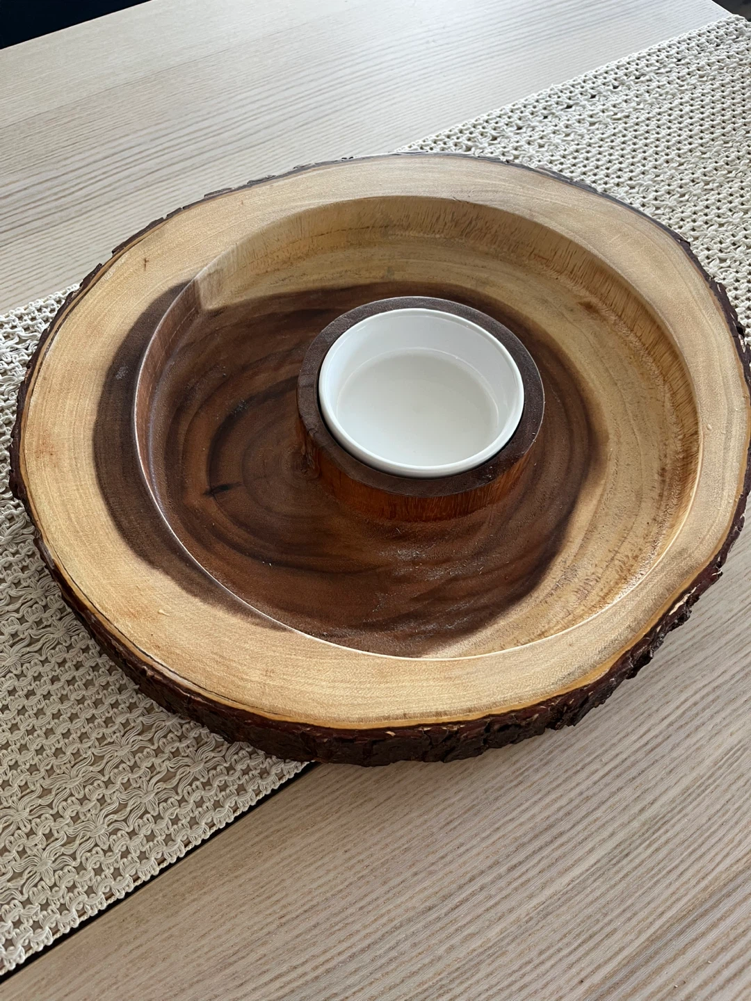 Moving Out Sale, Wooden Serving Platter with Dip Bowl