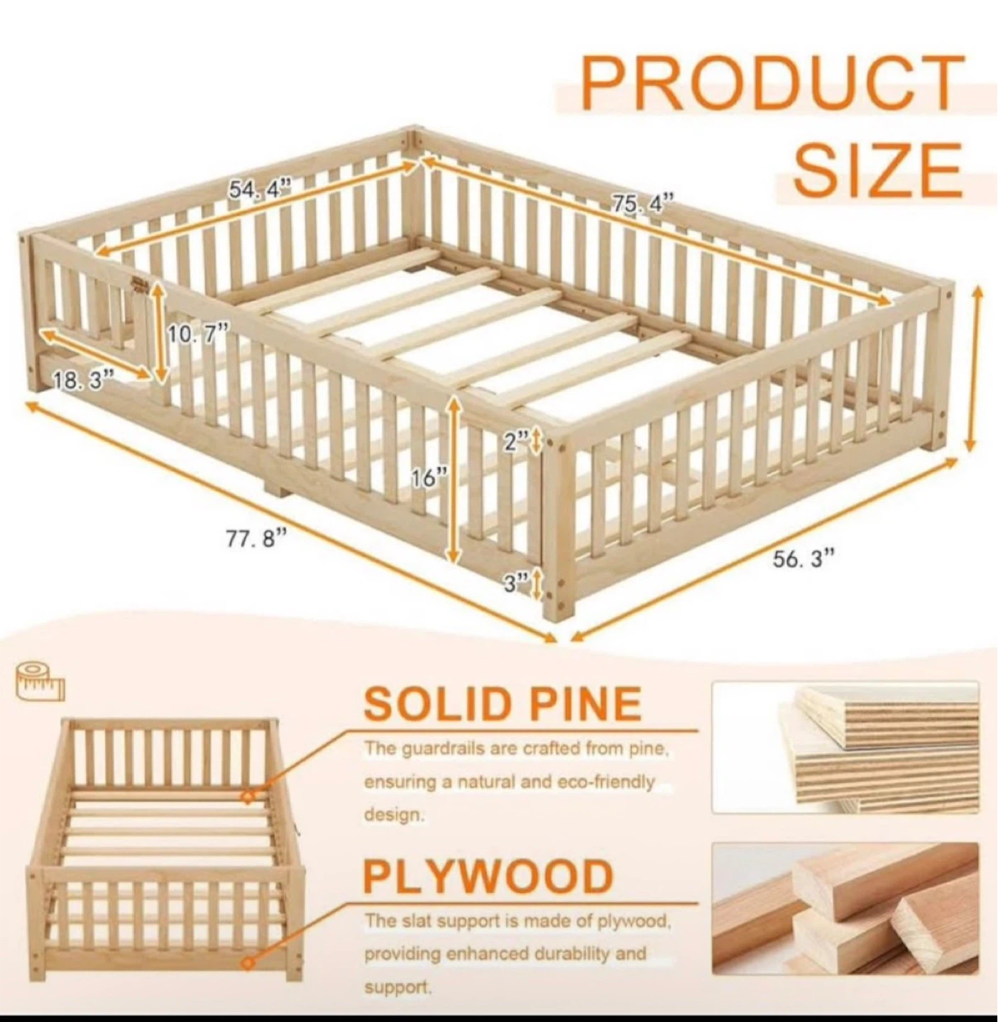 Toddler Bed with Rails - Solid Pine - photo 3