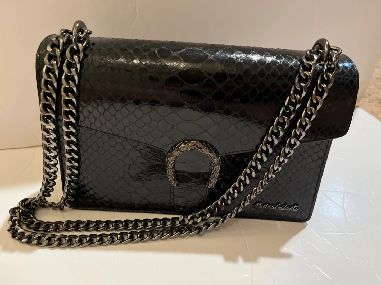 Marina Galanti Black Embossed Shoulder Bag with Chain Strap