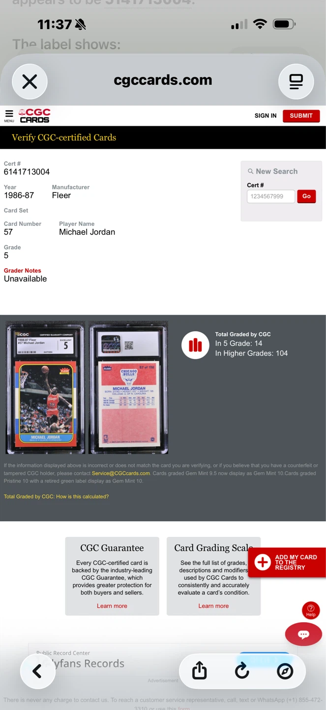 1986-87 Fleer Michael Jordan #57 CGC 5 - photo 2