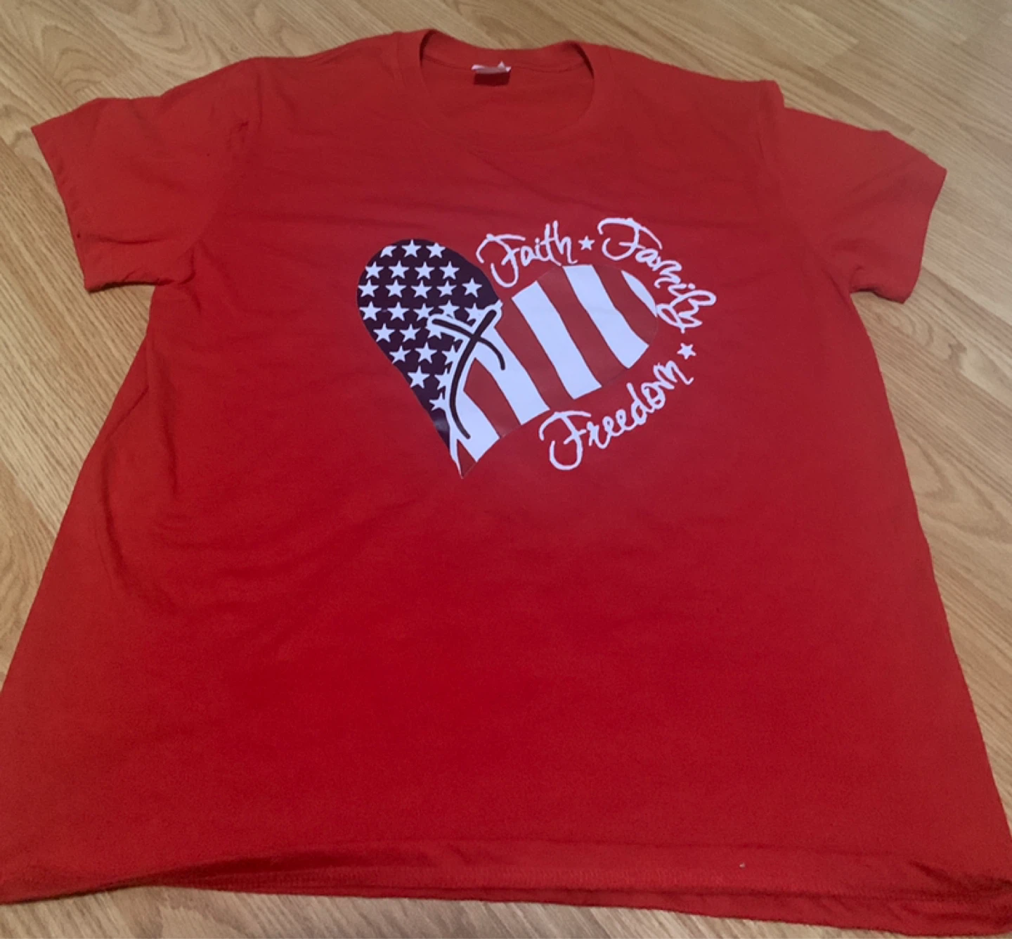 Red T-Shirt with Faith Family Freedom Graphic - Size L