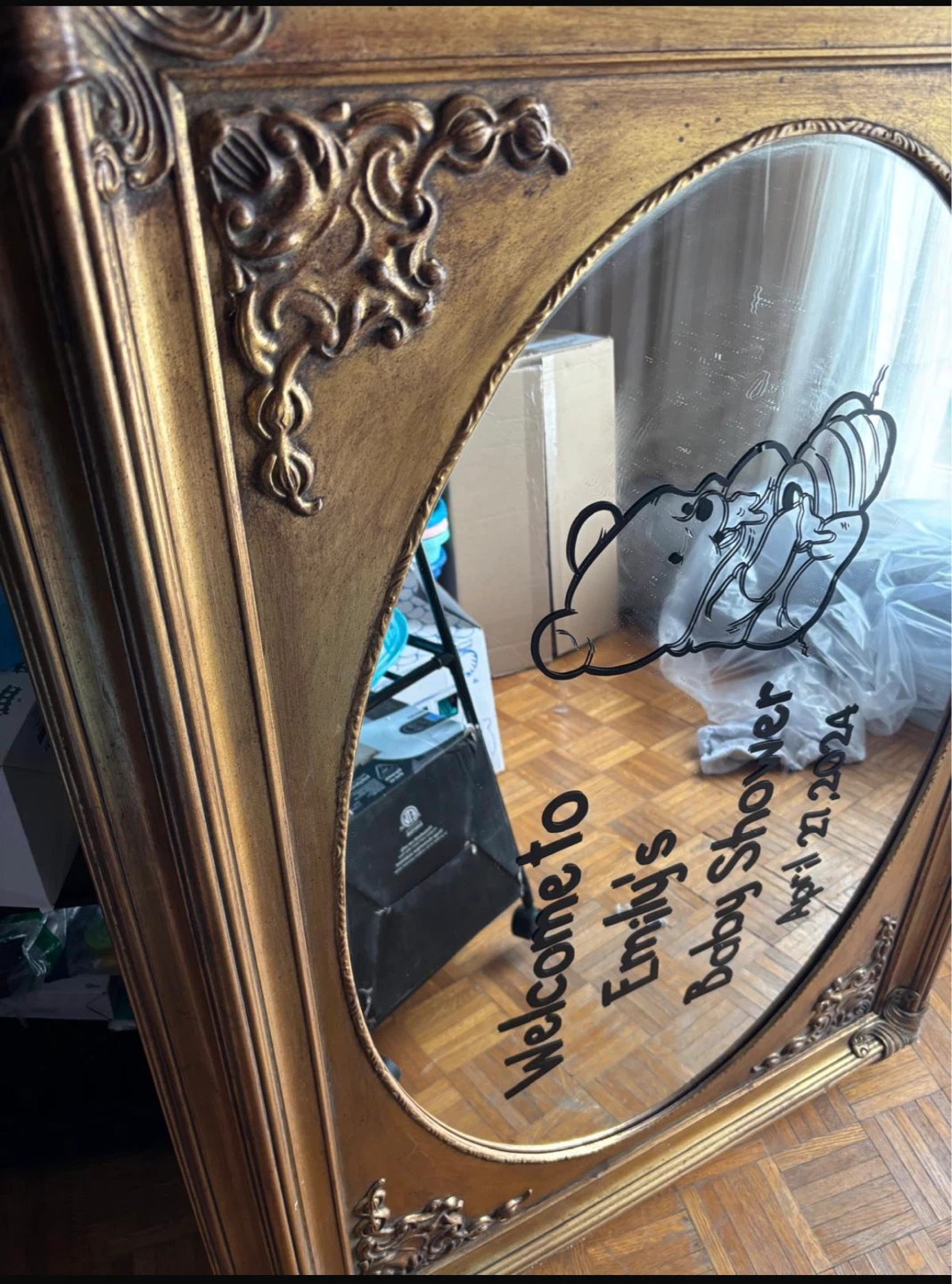 Ornate Gold Mirror with Baby Shower Decal