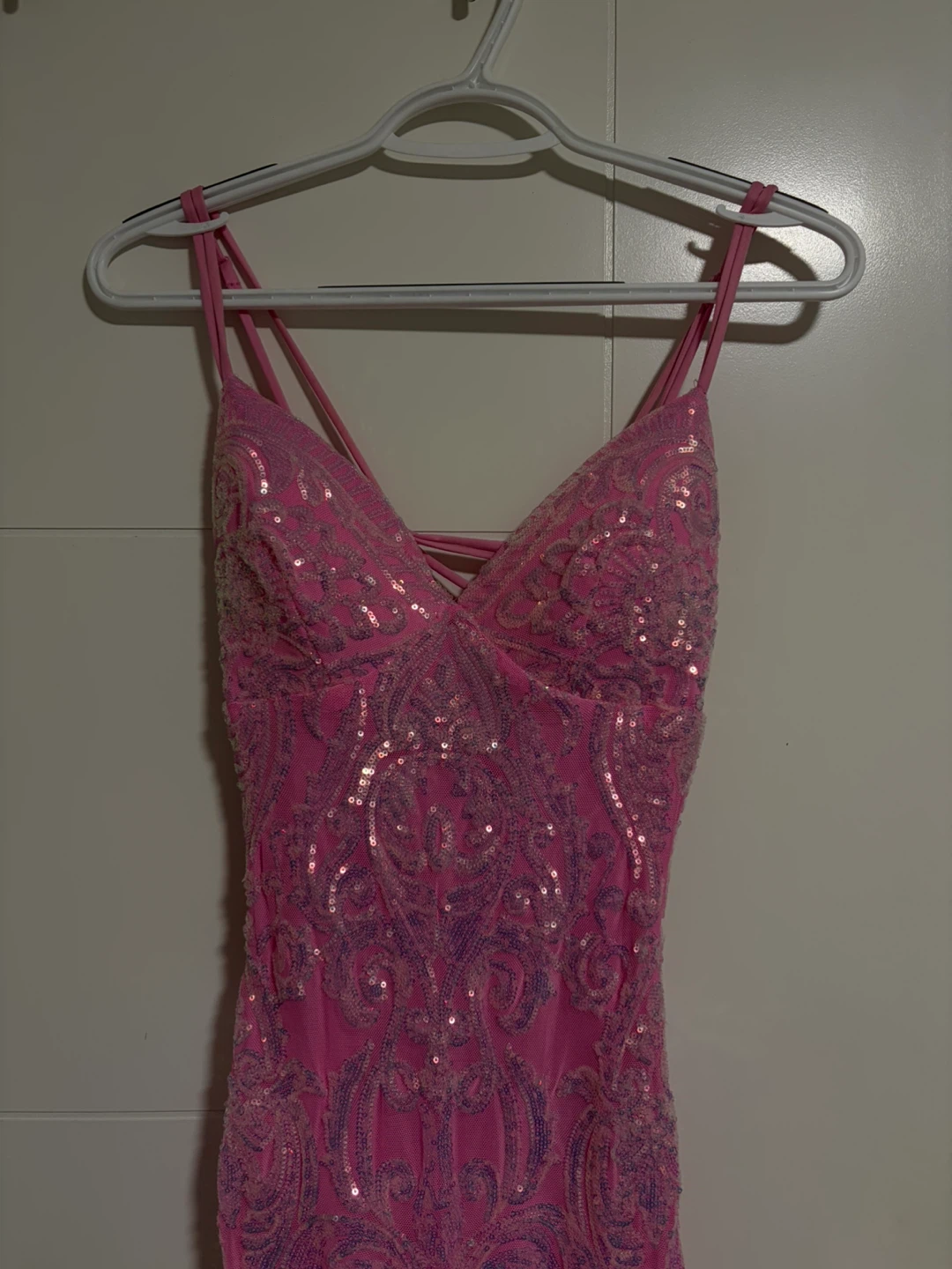 pink backless sequin glittery prom dress
