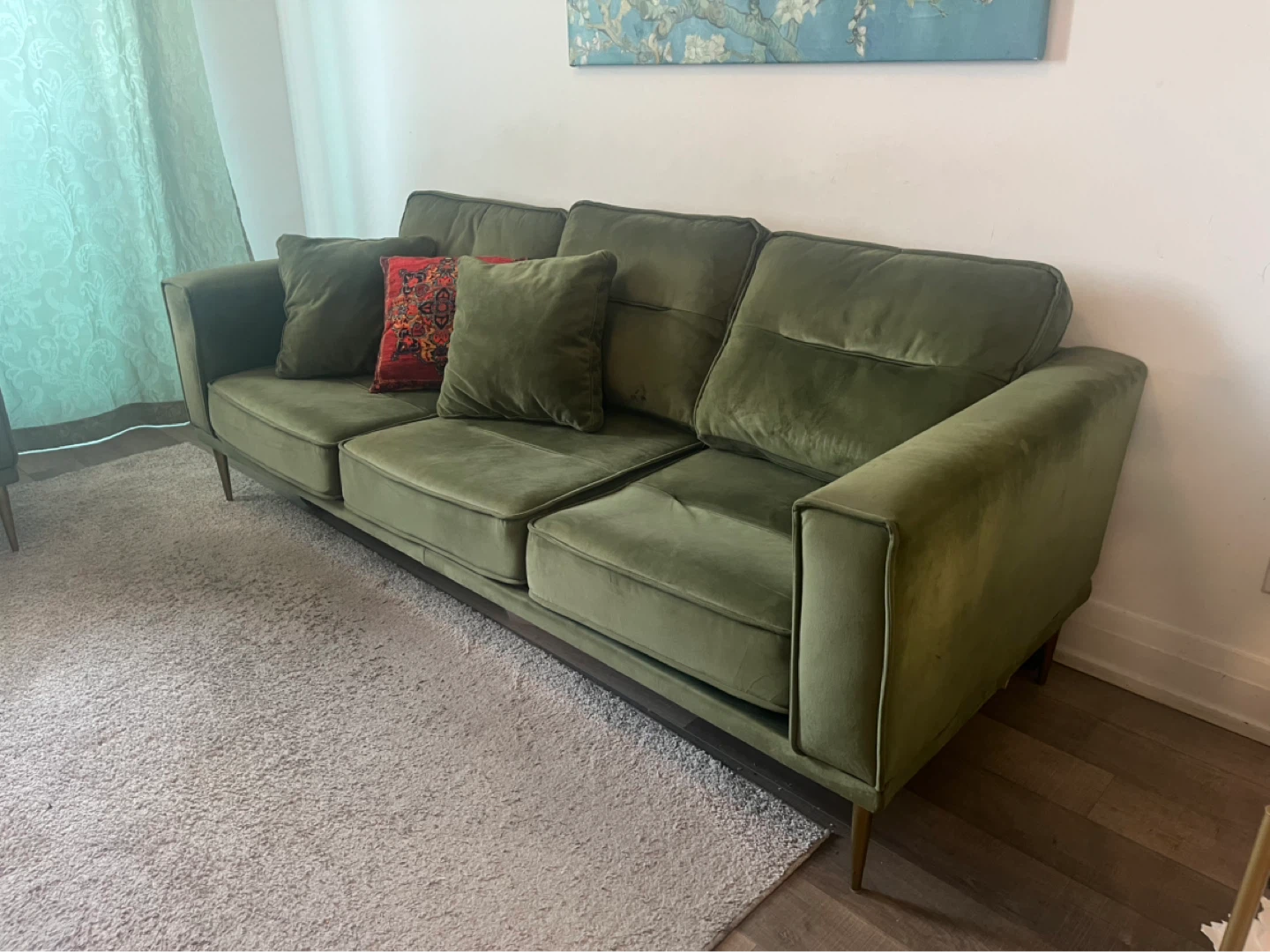 Olive Green Velvet Sofa - photo 4