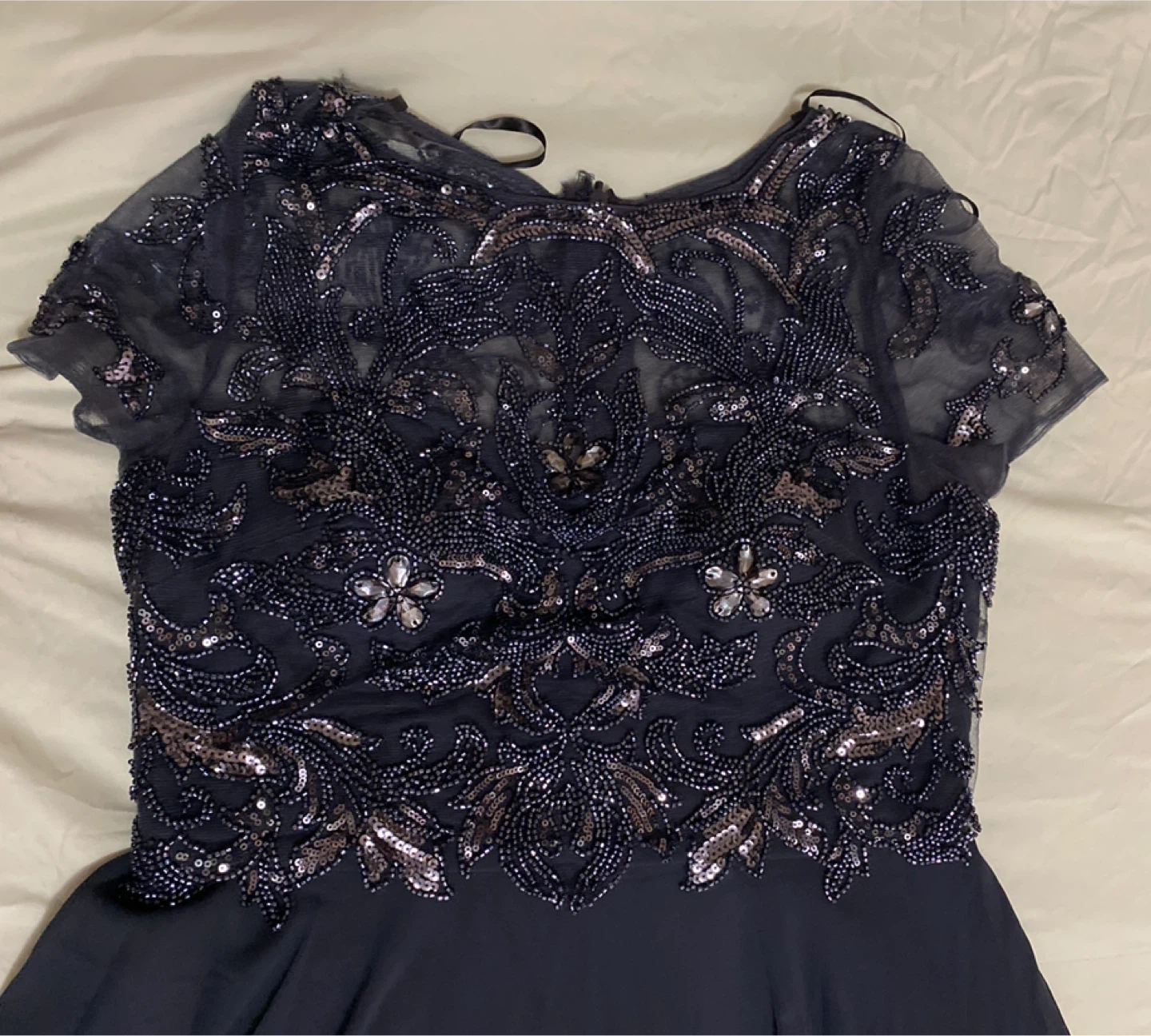 XSCAPE Navy Beaded Short Sleeve Formal Dress