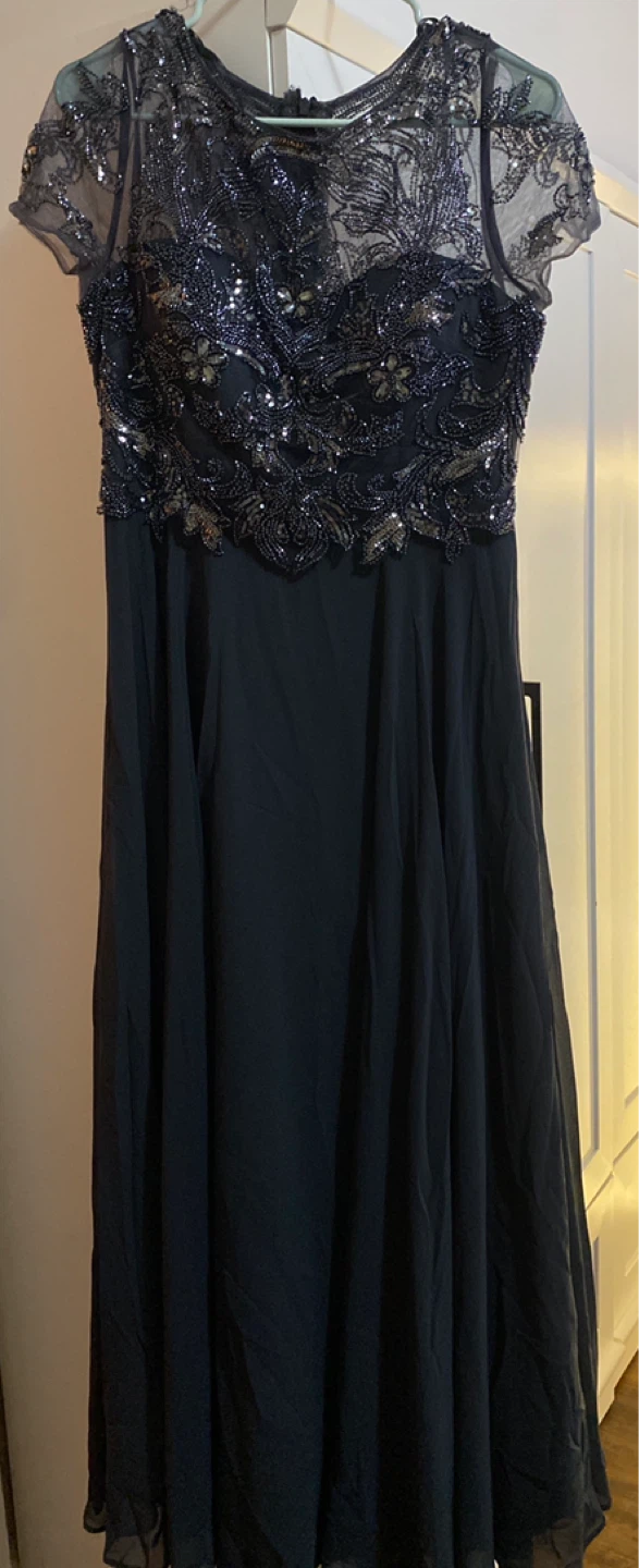 XSCAPE Navy Beaded Short Sleeve Formal Dress - photo 2