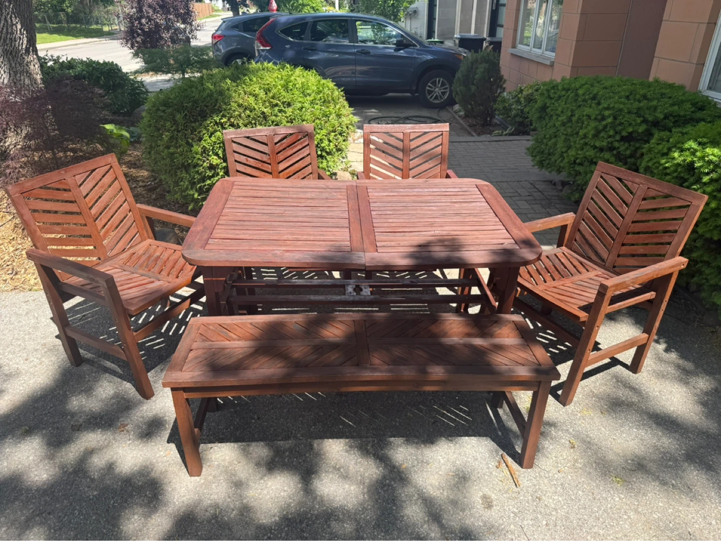 Wooden Patio Dining Set - Table, 4 Chairs & Bench - photo 3