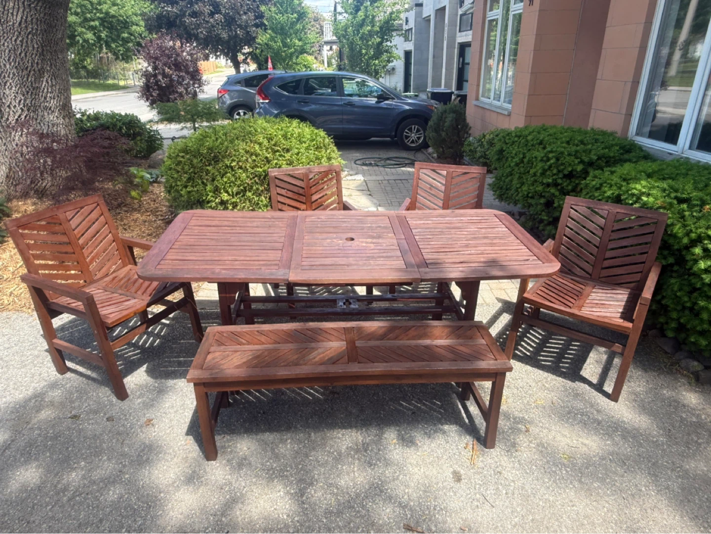 Wooden Patio Dining Set - Table, 4 Chairs & Bench