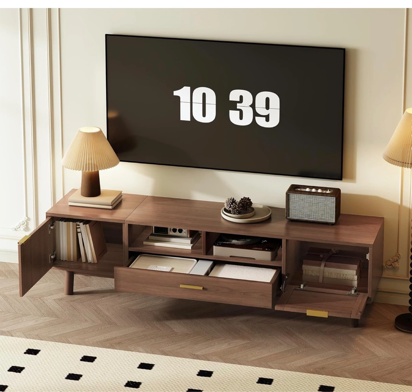 Brown Wooden TV Stand with Rattan Door
