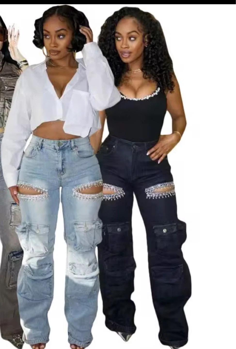 Women's Cargo Jeans with Rhinestone Cut-Outs - photo 5