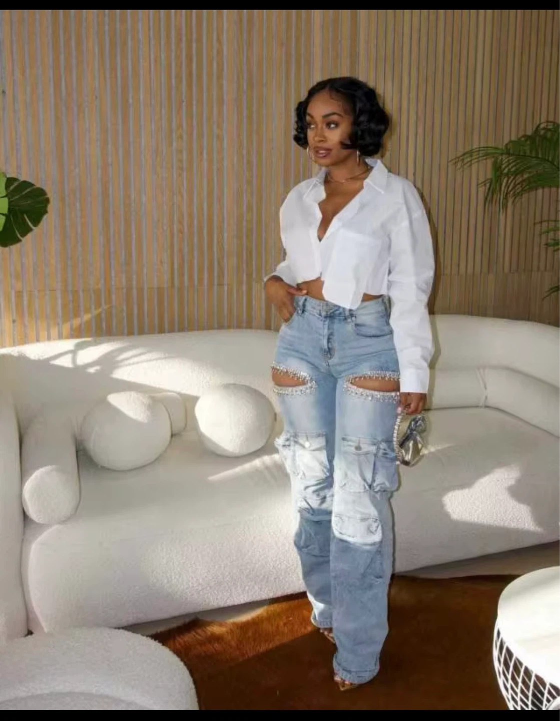 Women's Cargo Jeans with Rhinestone Cut-Outs - photo 2