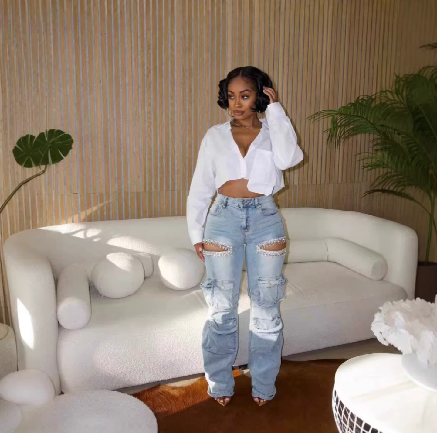 Women's Cargo Jeans with Rhinestone Cut-Outs