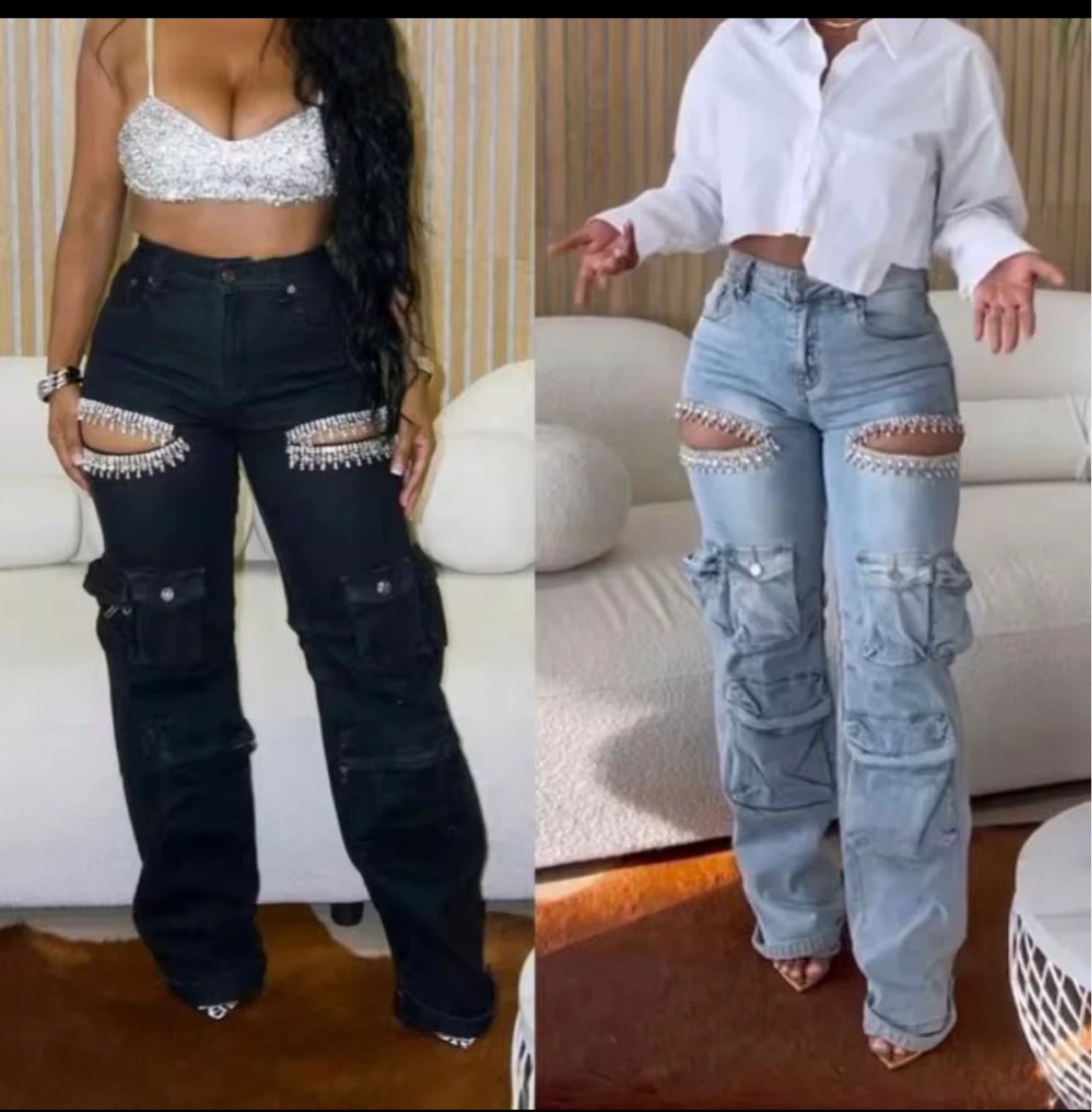Women's Cargo Jeans with Rhinestone Cut-Outs - photo 3