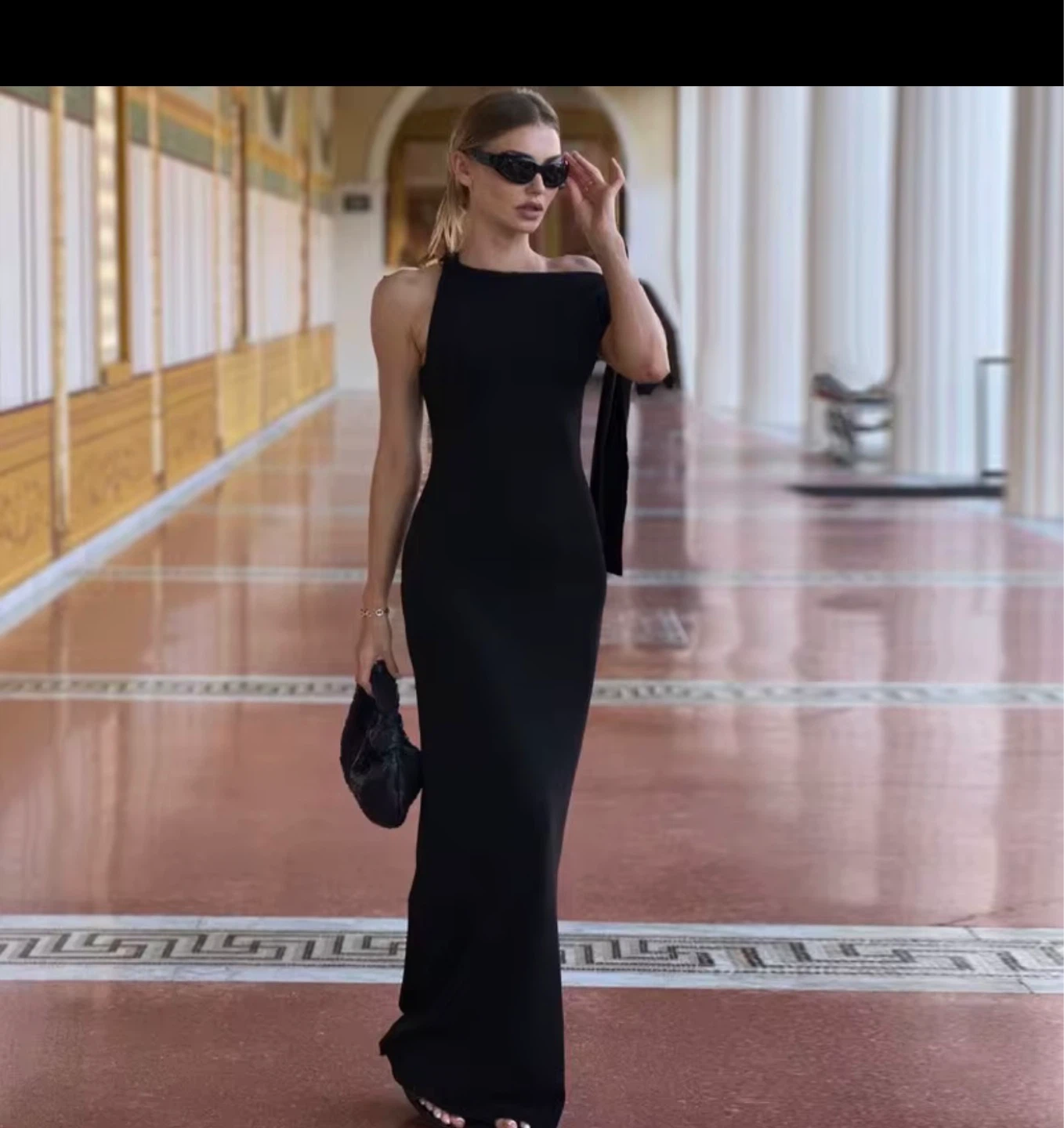 Black One-Shoulder Maxi Dress with Drape Detail