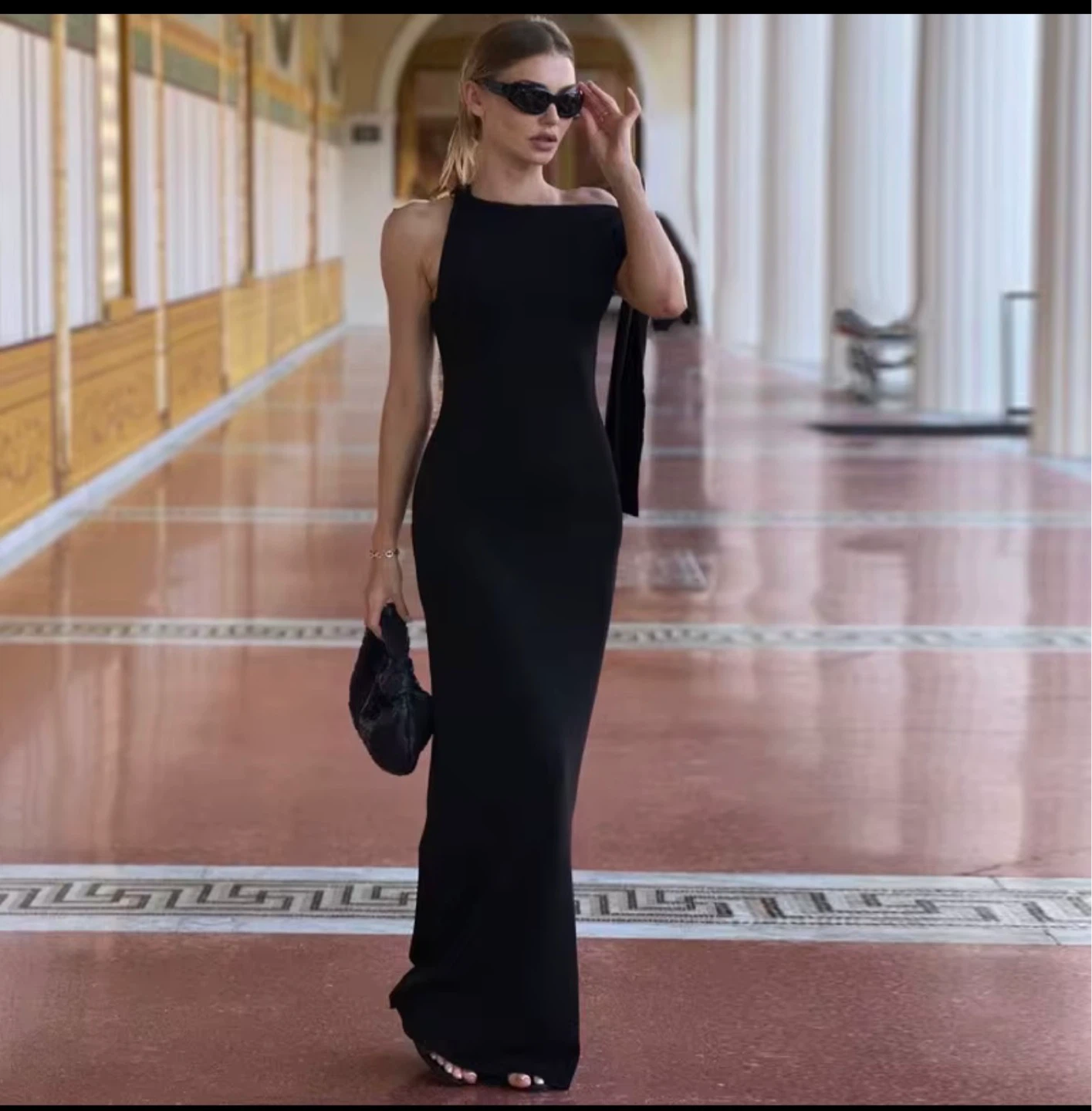 Black One-Shoulder Maxi Dress with Drape Detail - photo 2