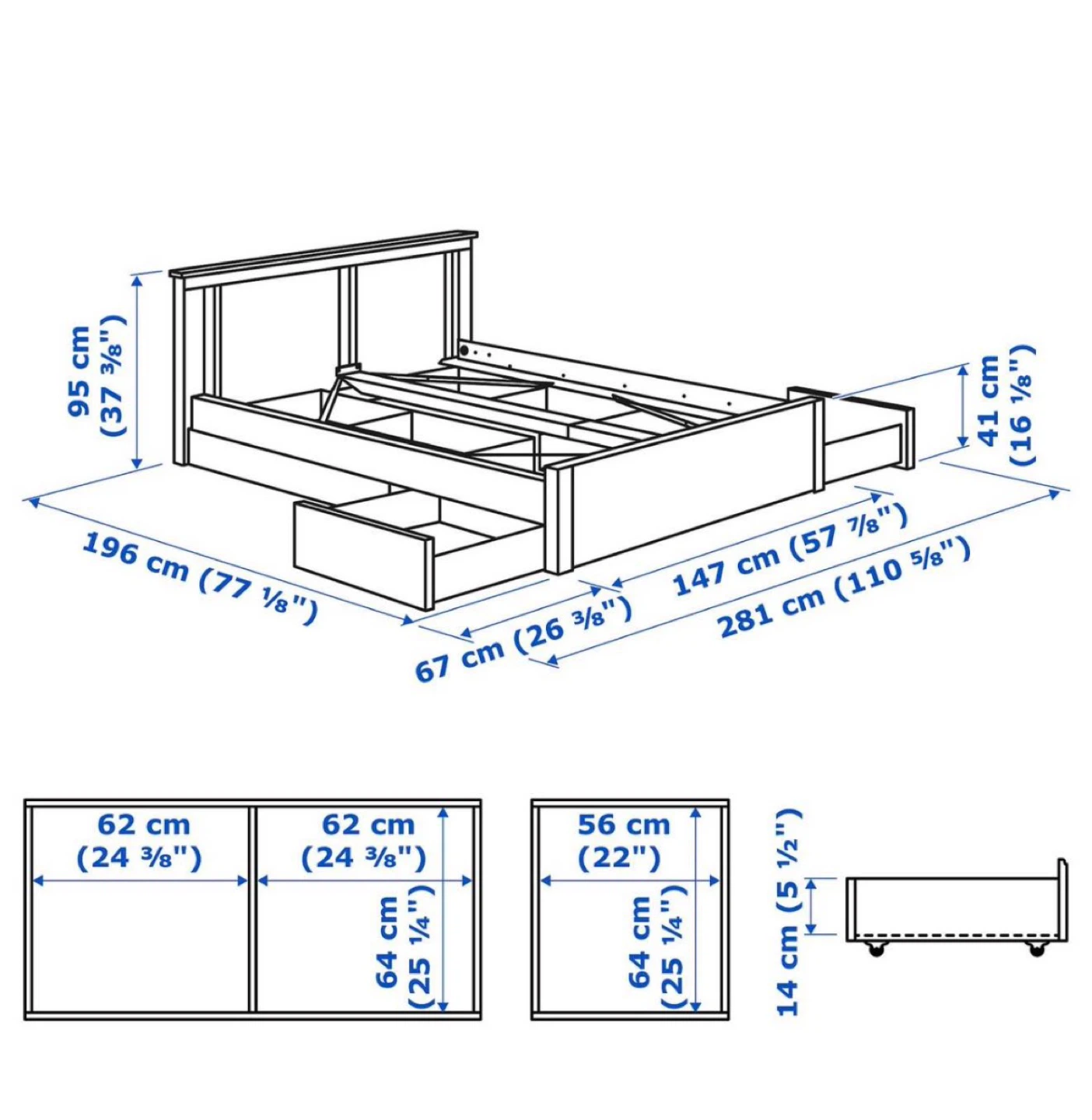 SONGESAND  IKEA bed frame with 4 storage boxes