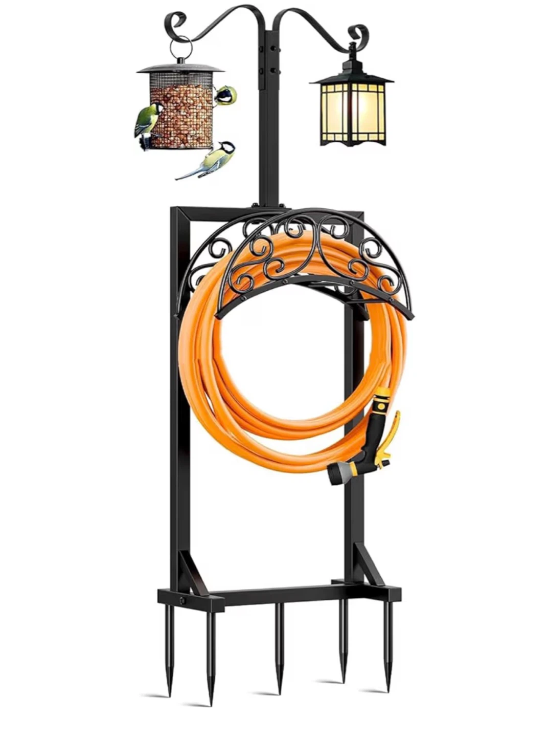 Outdoor Garden Hose Holder with Lantern and Bird Feeder Stand