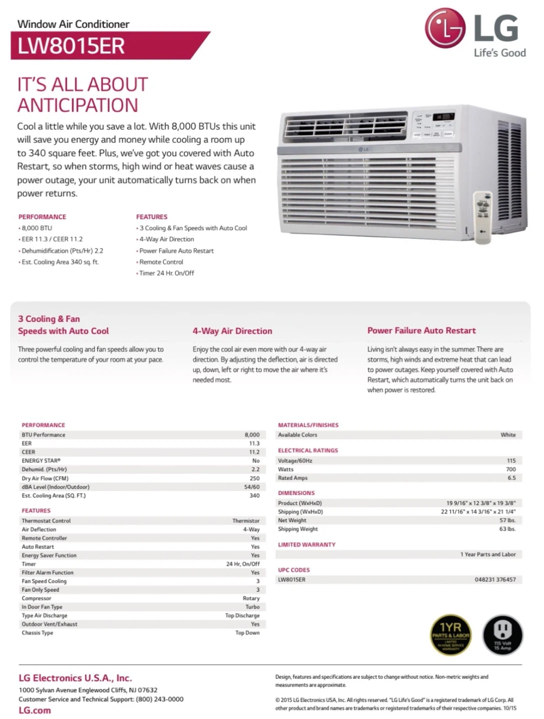 8000 BTU Quiet LG Window Air Conditioner with Mounting Bracket - photo 3