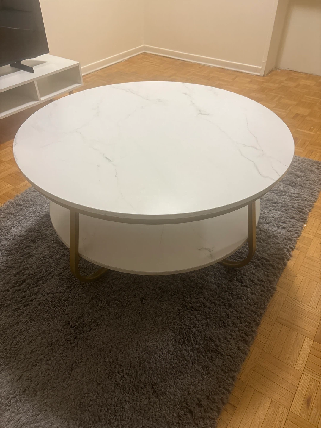 Round Coffee Table with Marble Top and Gold Legs