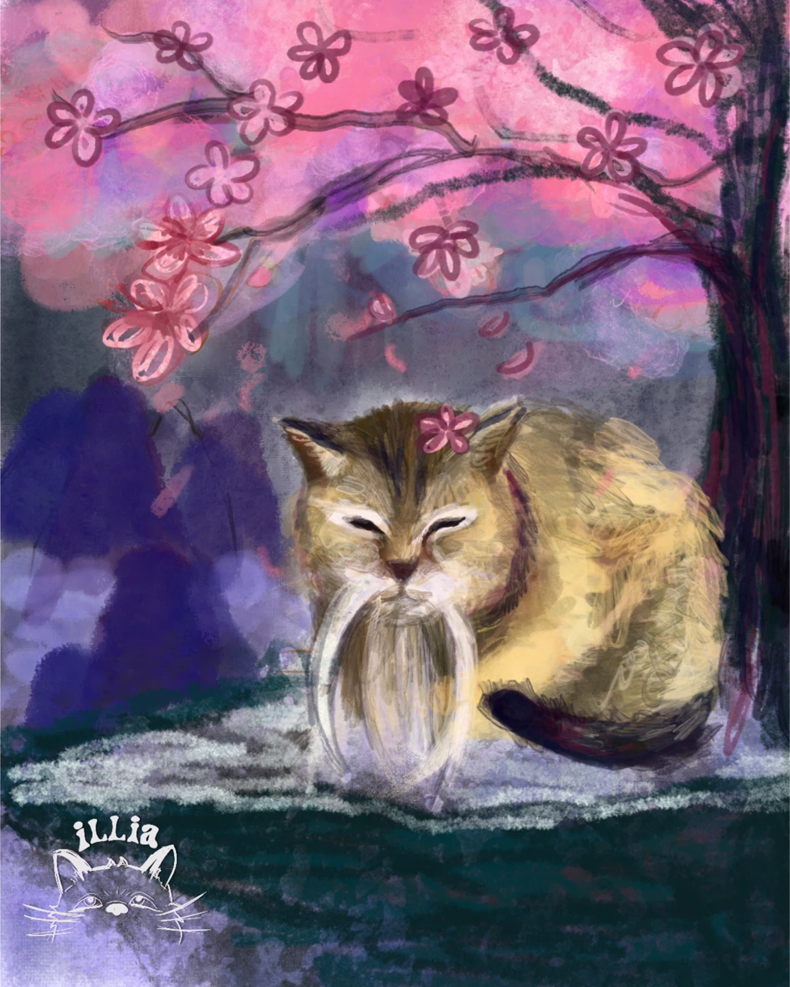Art Print - Meow San under Cherry Blossoms, 2 free stickers - photo 2
