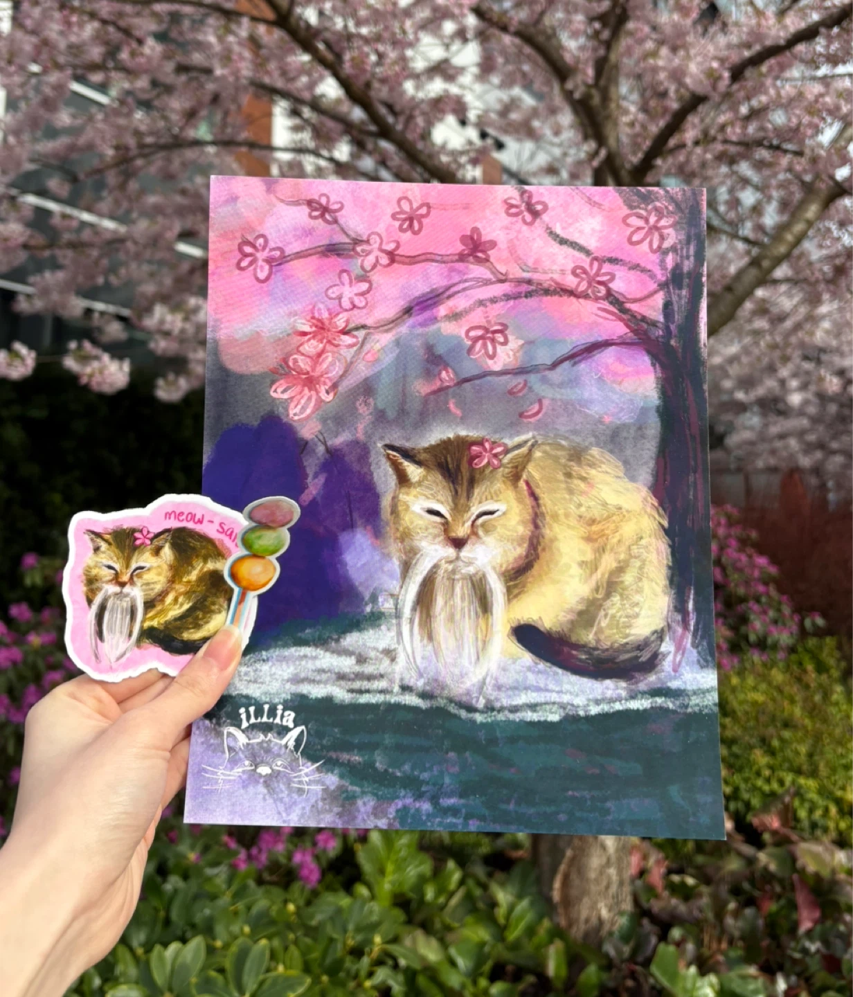 Art Print - Meow San under Cherry Blossoms, 2 free stickers