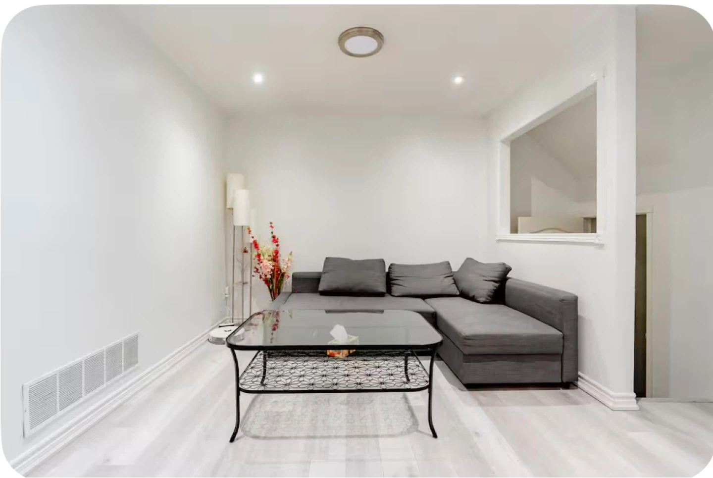 Grey Sectional Sofa with Glass Coffee Table