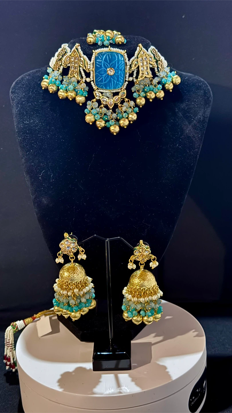 Blue kundan choker 4 piece set
