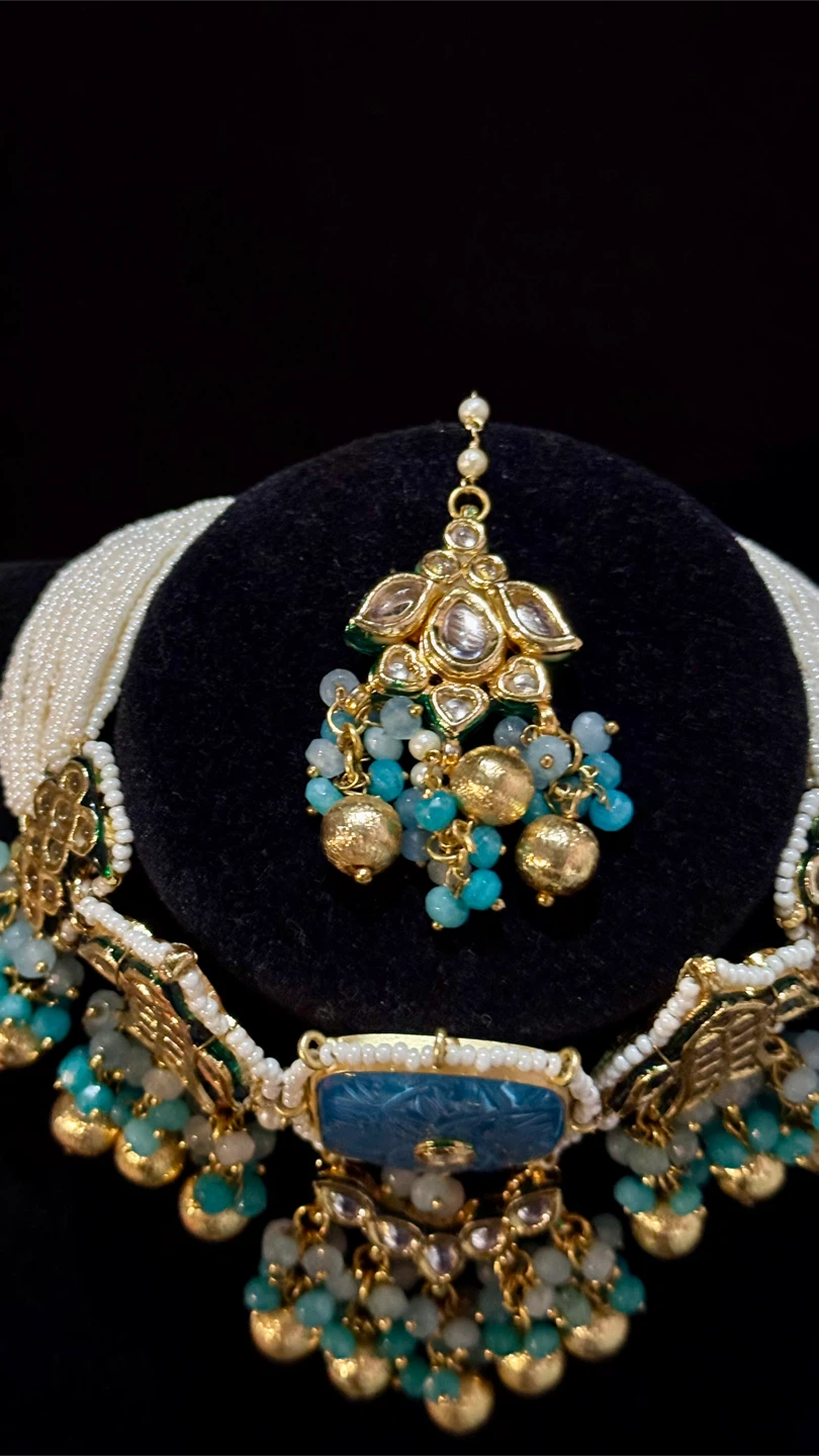 Blue kundan choker 4 piece set - photo 2