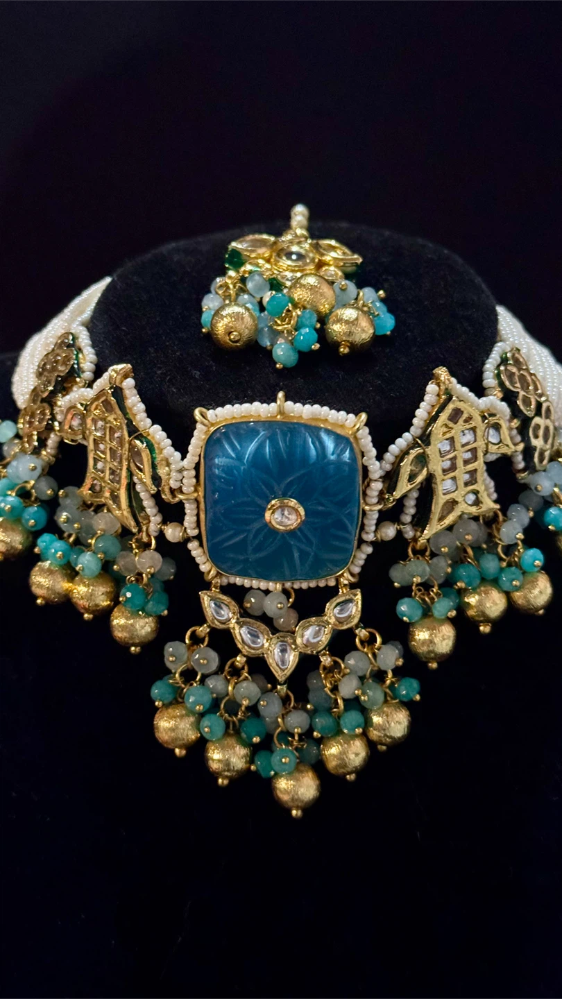 Blue kundan choker 4 piece set - photo 3