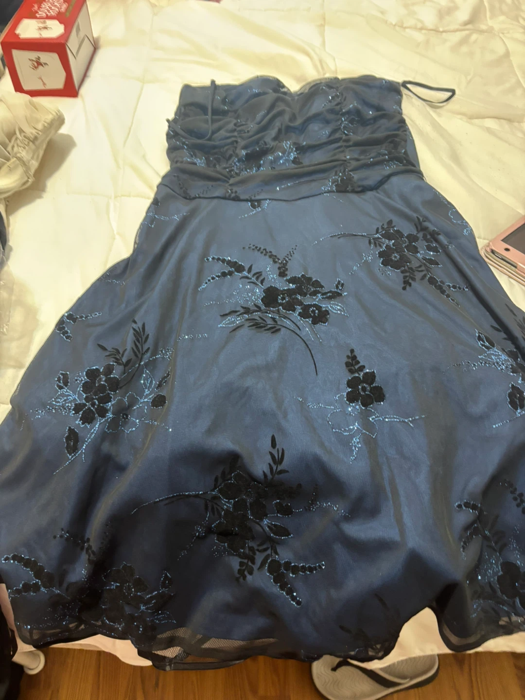 Strapless Blue Formal Dress with Black Floral Design