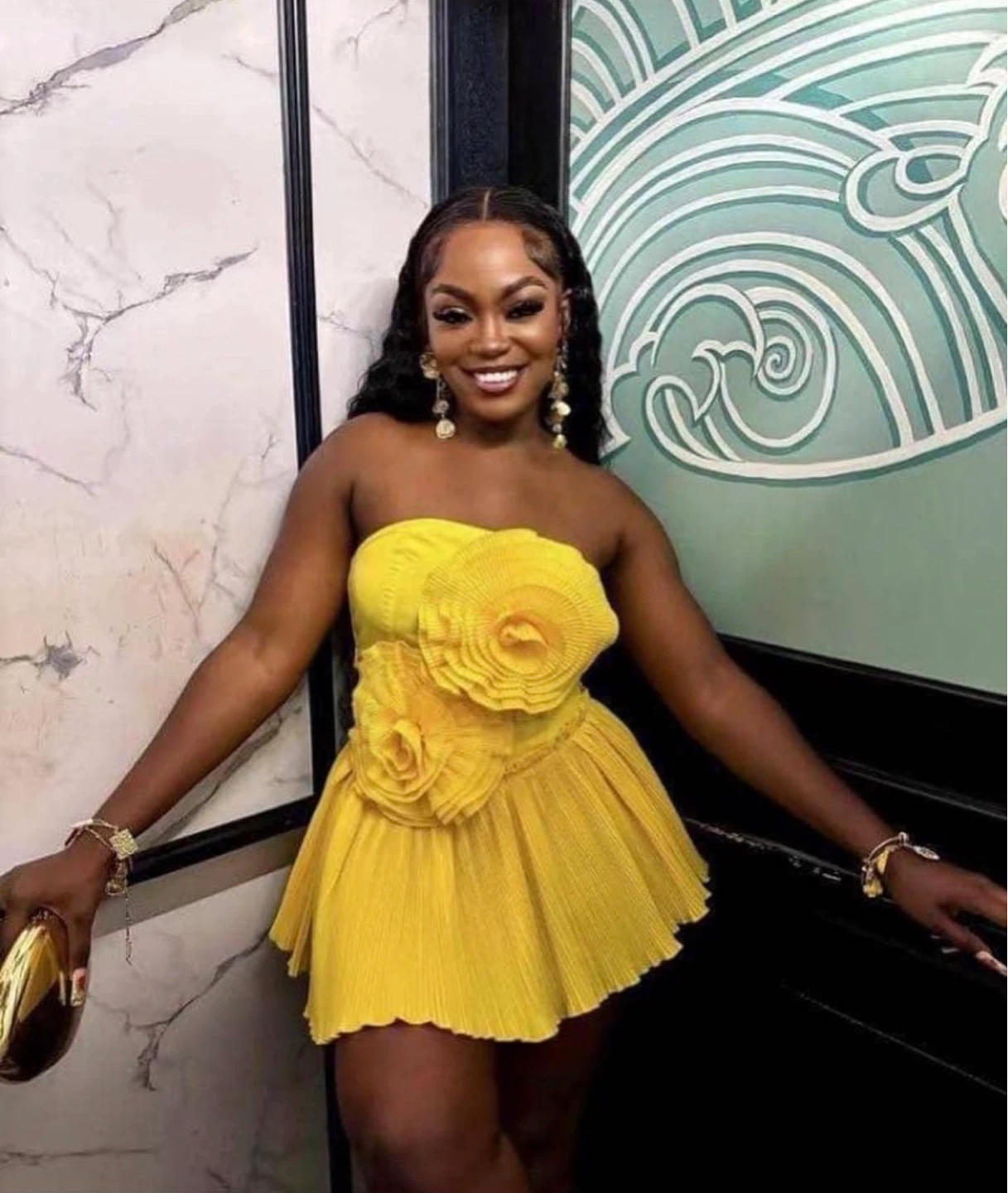 Yellow Strapless Dress with Floral Appliques