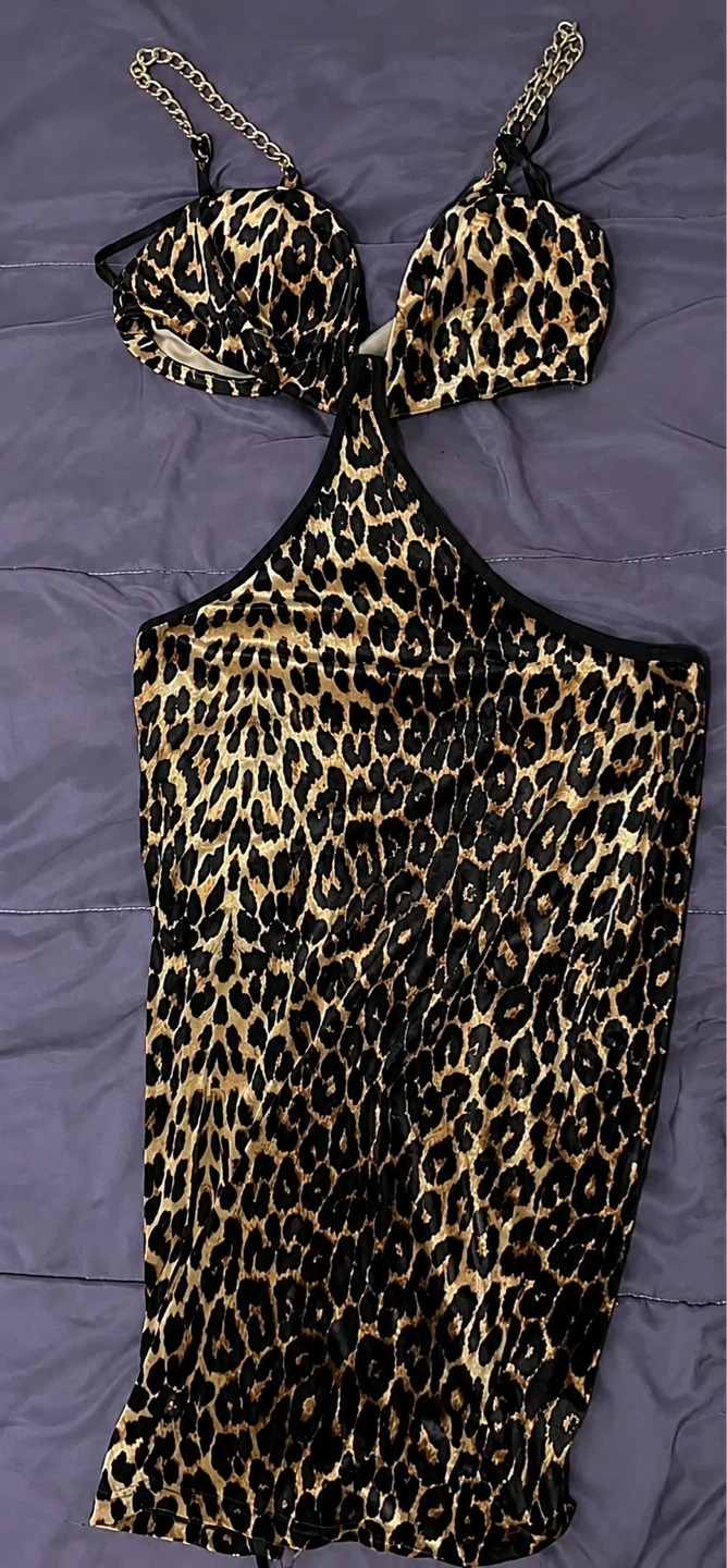 Leopard Print Halter Dress with Chain Detail