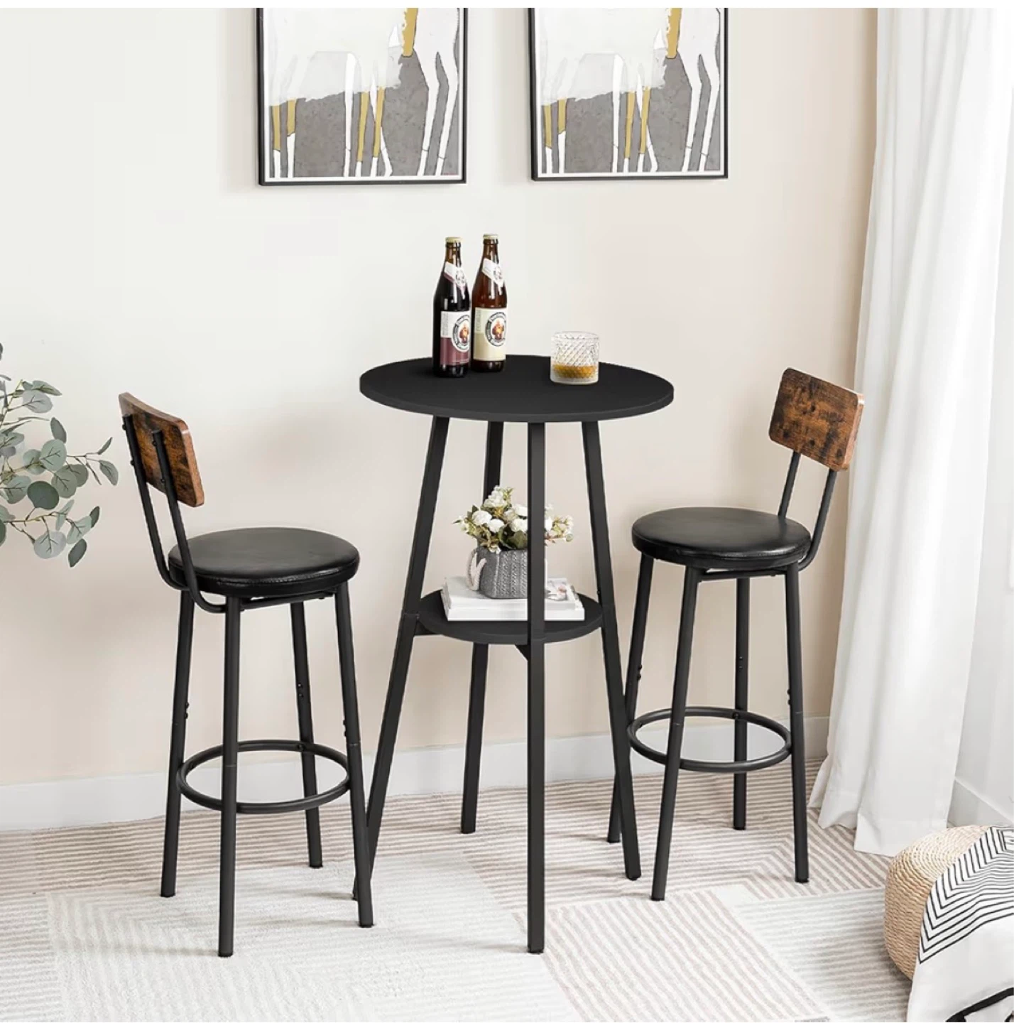 Black Bar Table with Shelf and 2 Stools