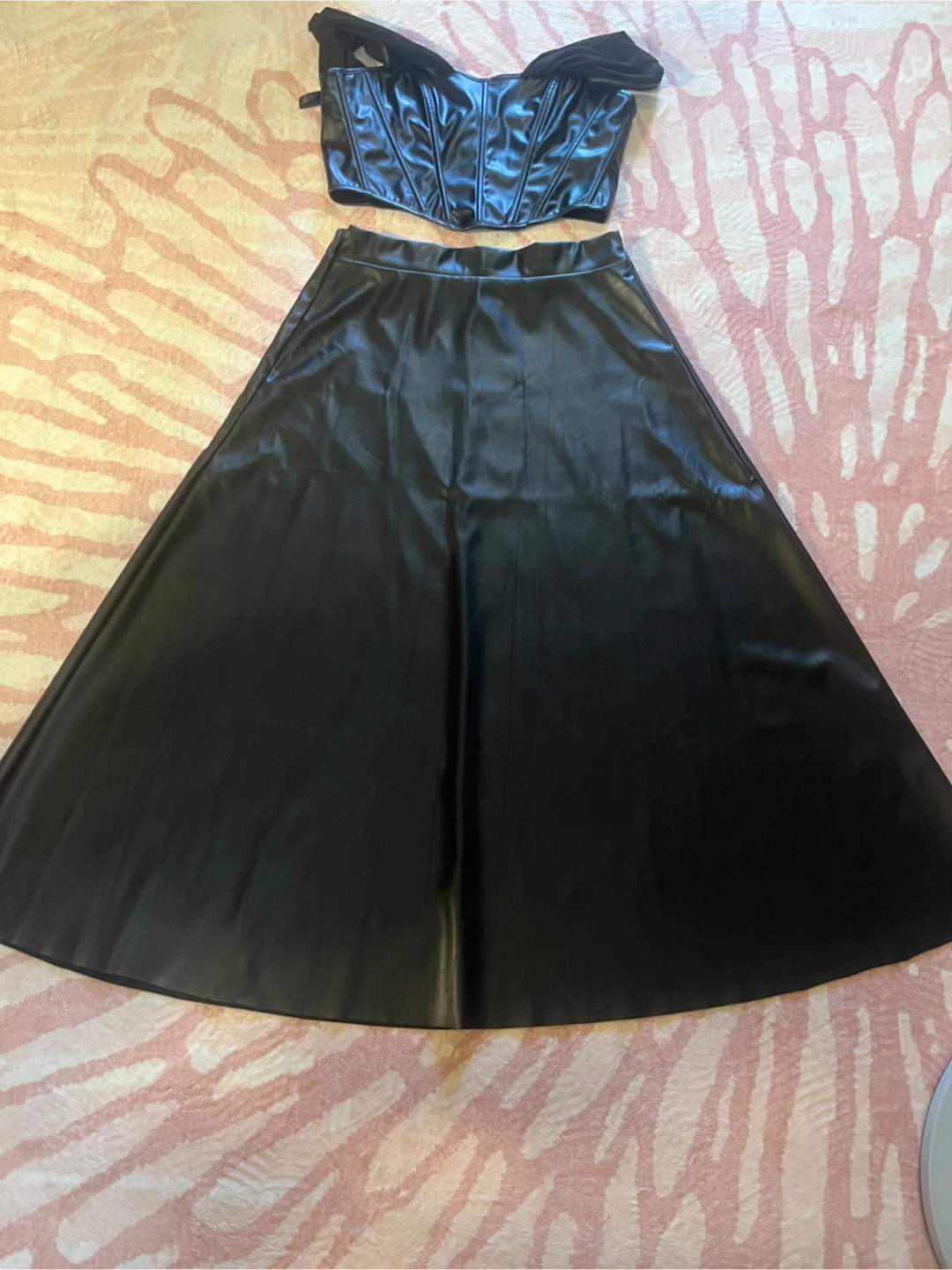 Black Faux Leather Corset Top and Midi Skirt Set - photo 2