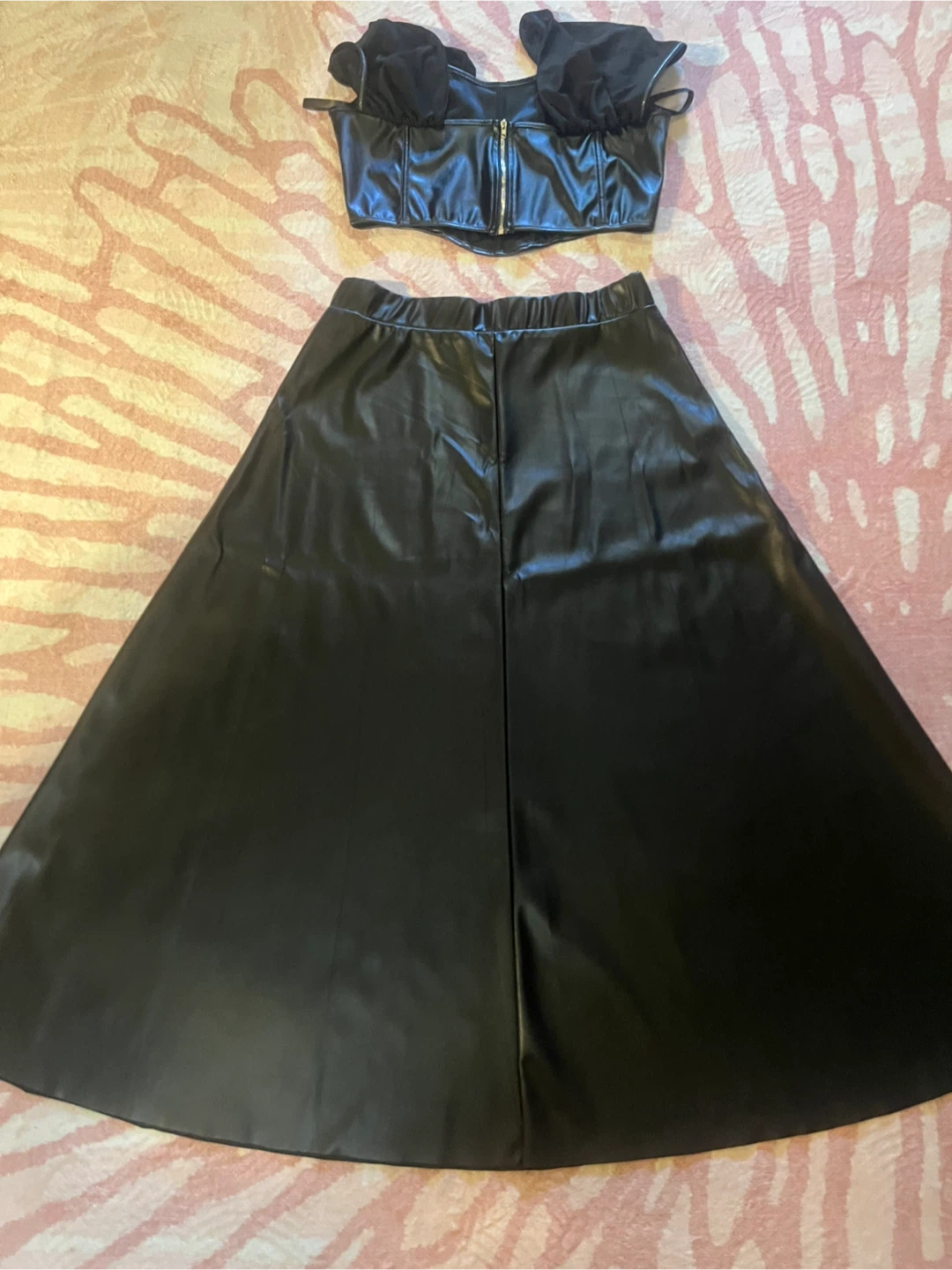 Black Faux Leather Corset Top and Midi Skirt Set