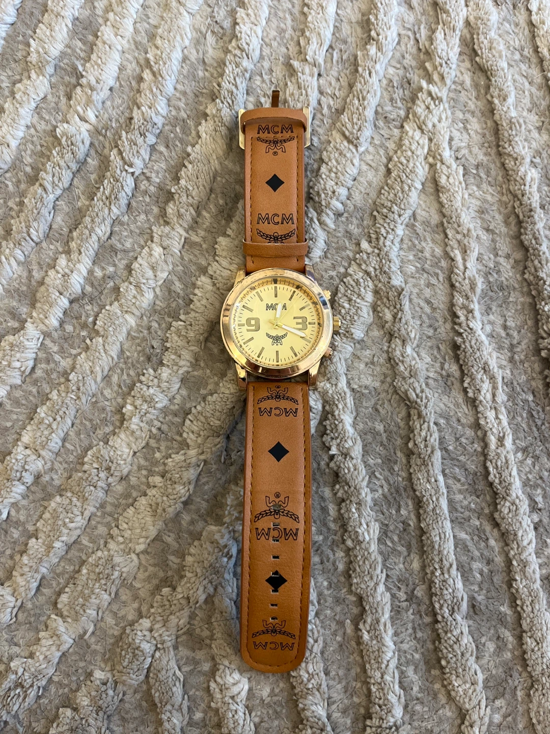 MCM Gold Tone Watch with Cognac Leather Band
