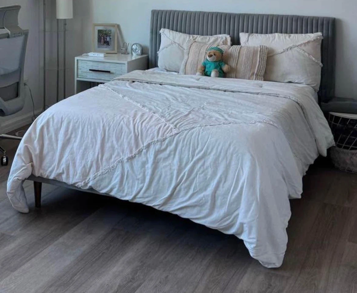 Grey velvet Wayfair bed frame with headstand