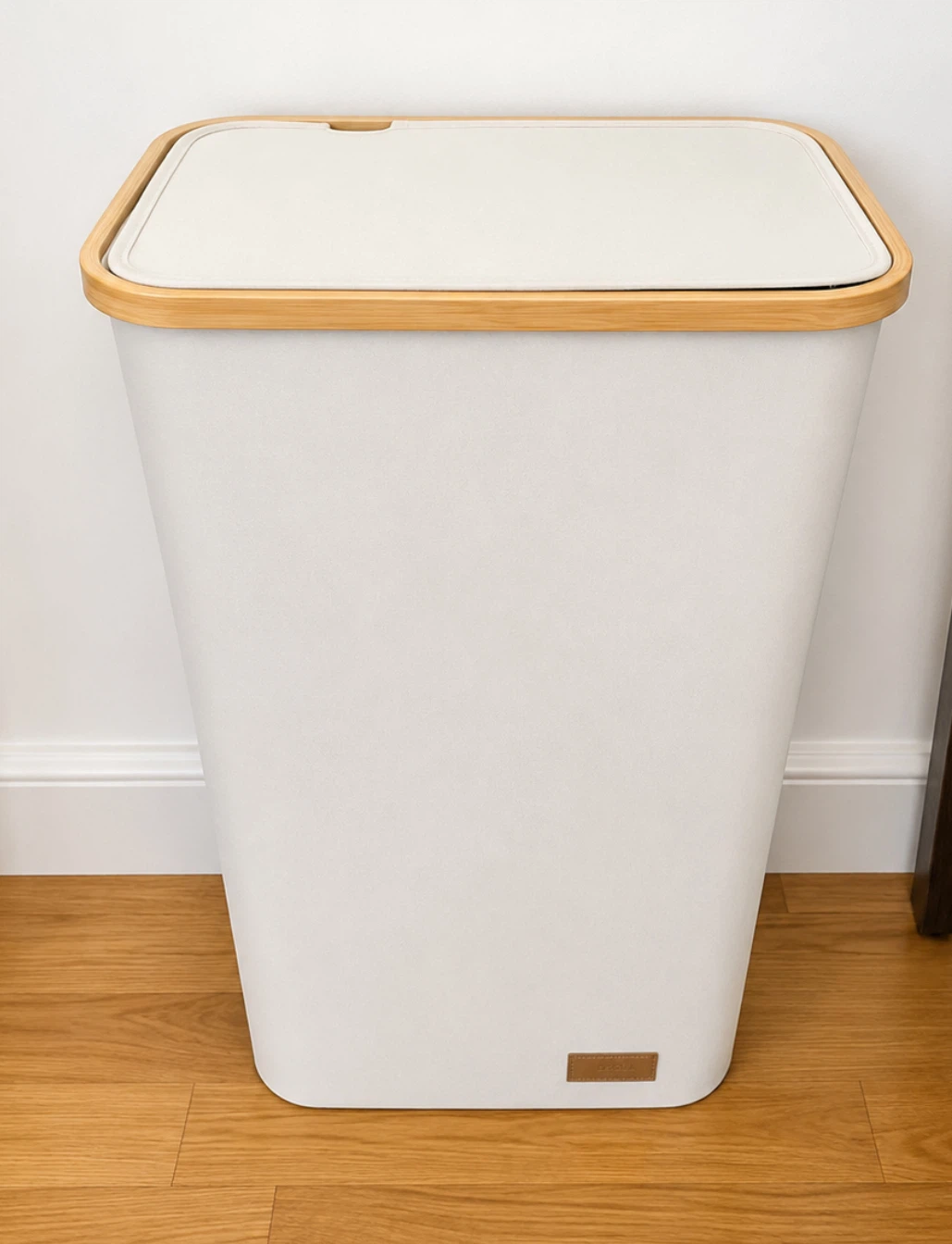 White Laundry Hamper with Bamboo Trim and Lid
