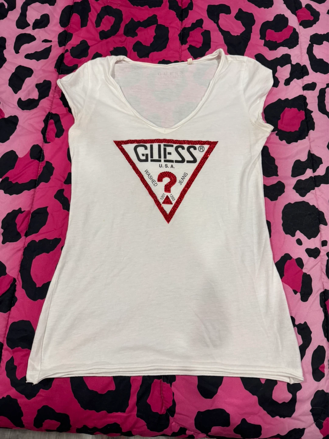 White Guess T-shirt with Red Rhinestone Logo