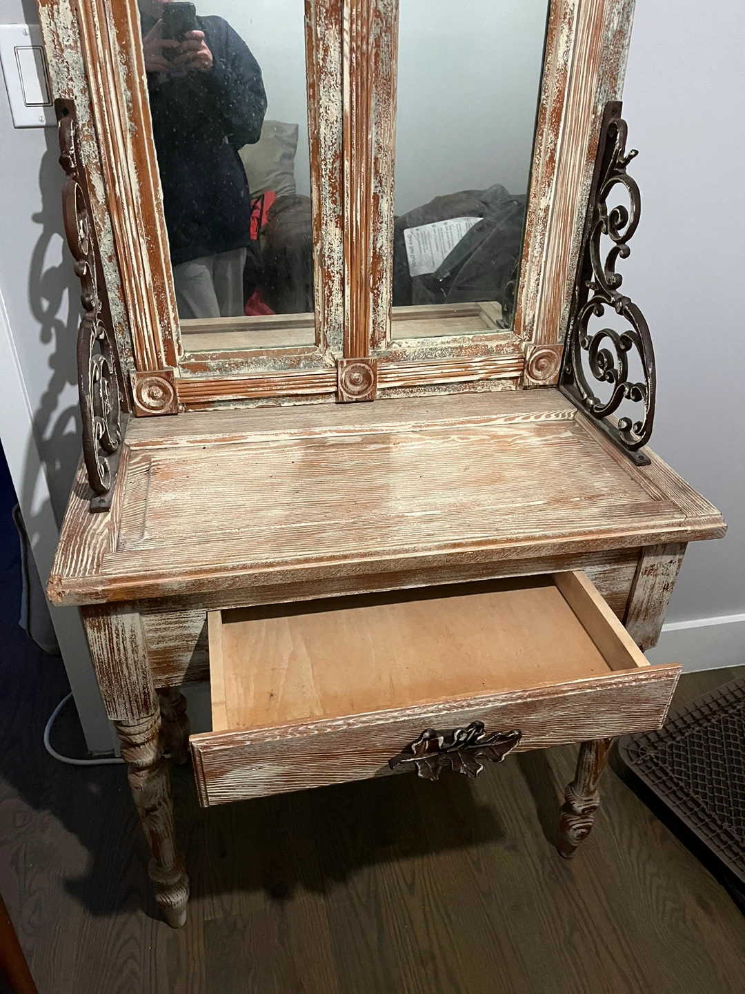 Vintage Distressed Wood Hall Tree Mirror with Drawer