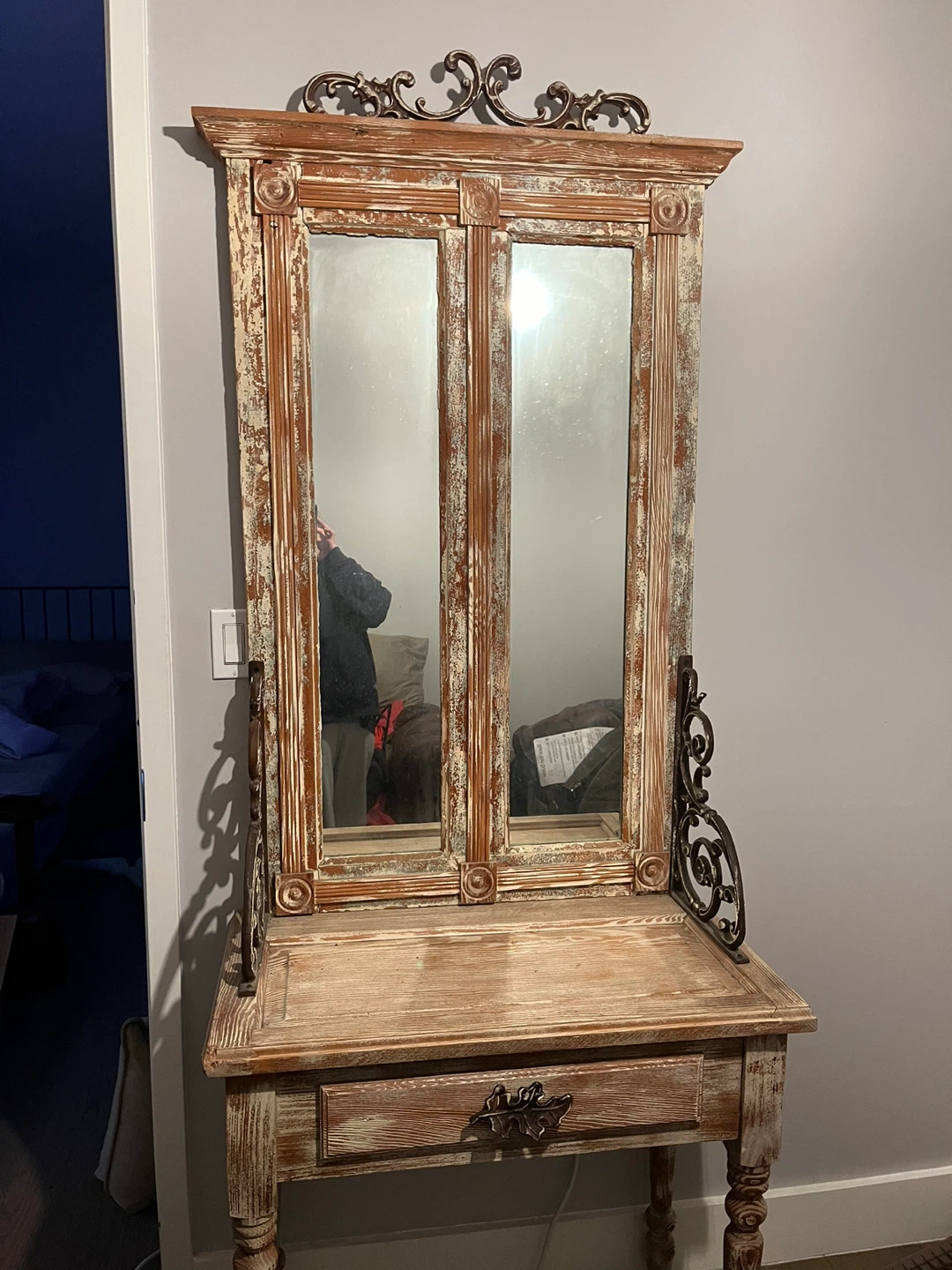 Vintage Distressed Wood Hall Tree Mirror with Drawer - photo 2
