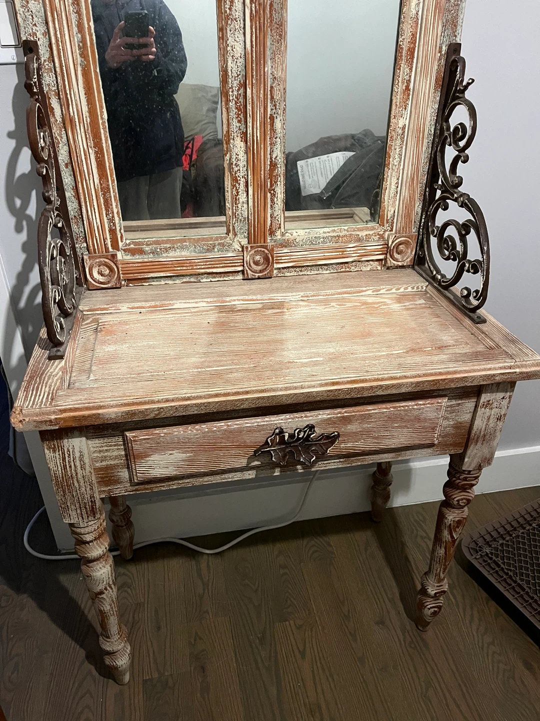 Vintage Distressed Wood Hall Tree Mirror with Drawer - photo 3