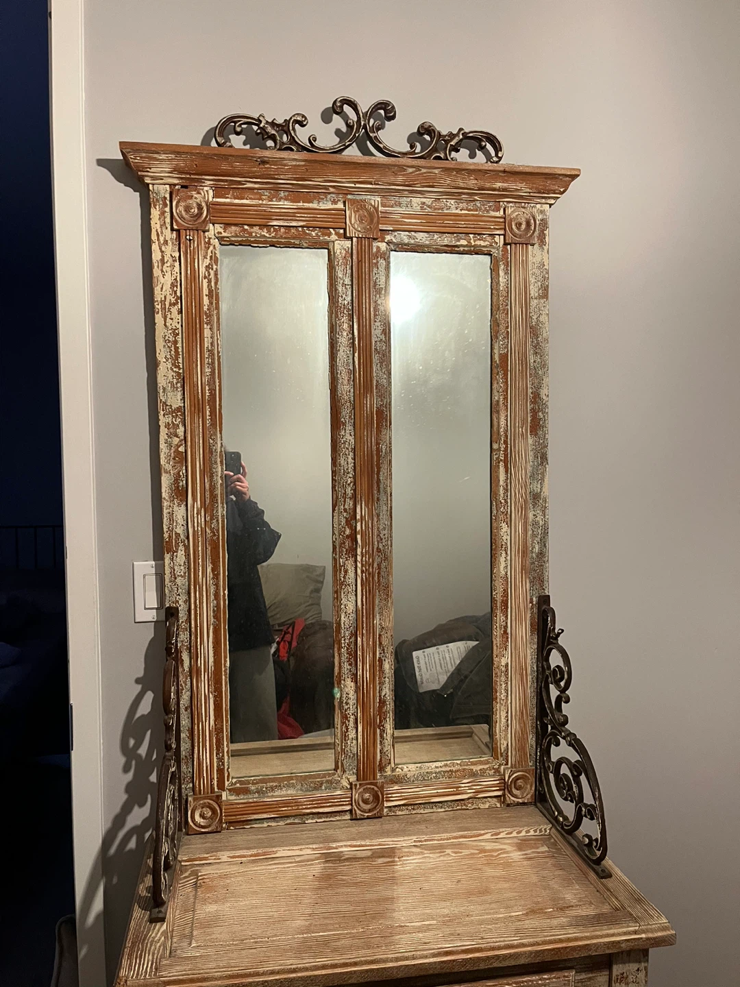 Vintage Distressed Wood Hall Tree Mirror with Drawer - photo 4